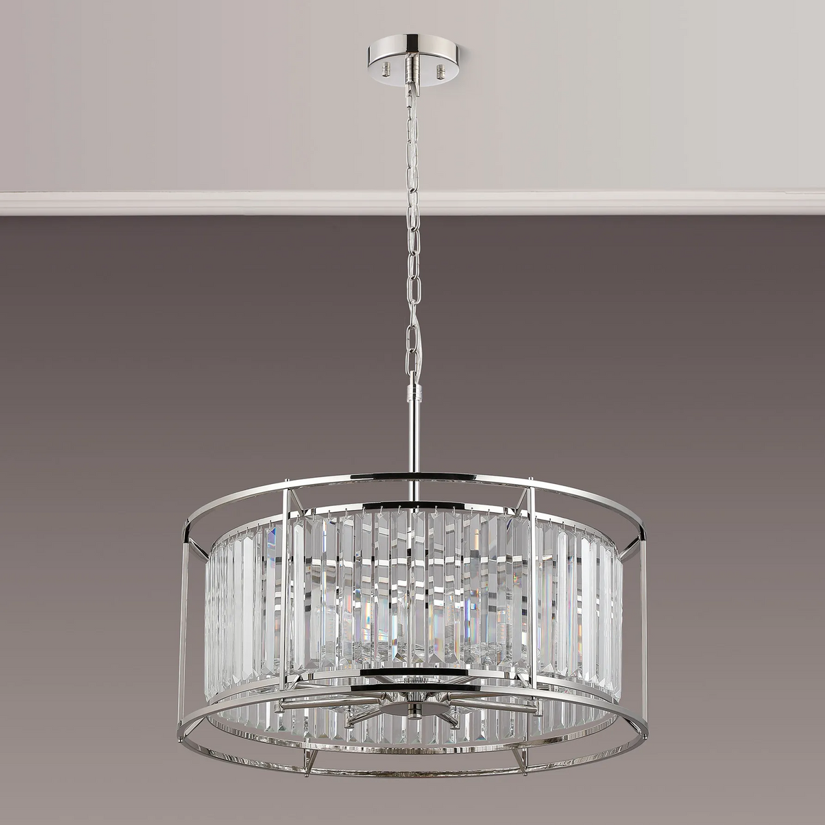 Round crystal chandelier with chrome finish