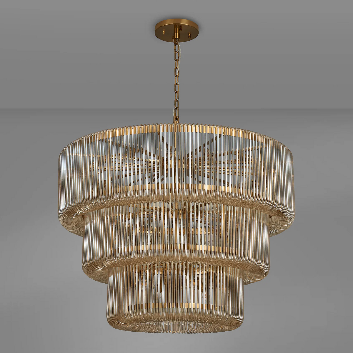 Jevington 1000mm Three Tier Pendant or Semi Flush in Brass with Smoke Brown Glass