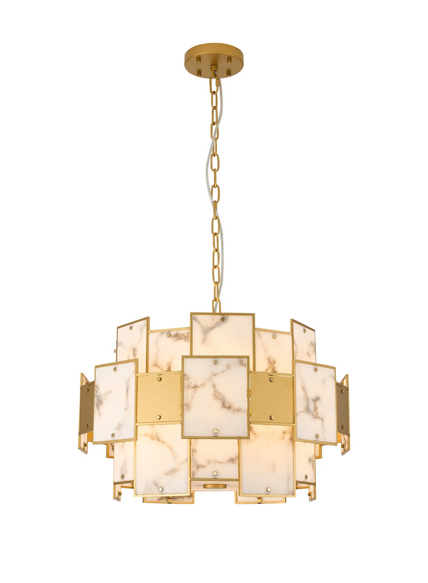 Gold chandelier with rectangular marble and gold panels