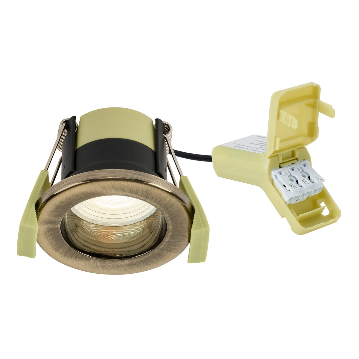 Antique brass downlight with a warm white light and connector
