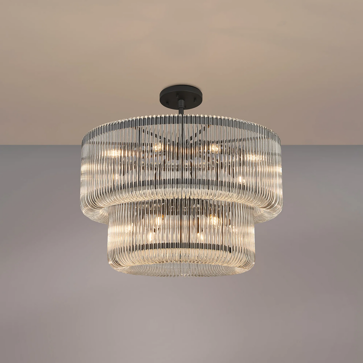 Jevington 780mm Two Tier Pendant or Semi Flush in Black with Smoked Glass