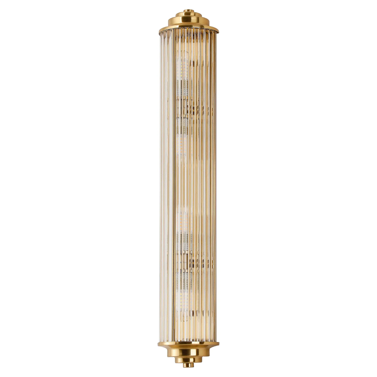 Vertical brass and fluted glass wall light with three bulbs