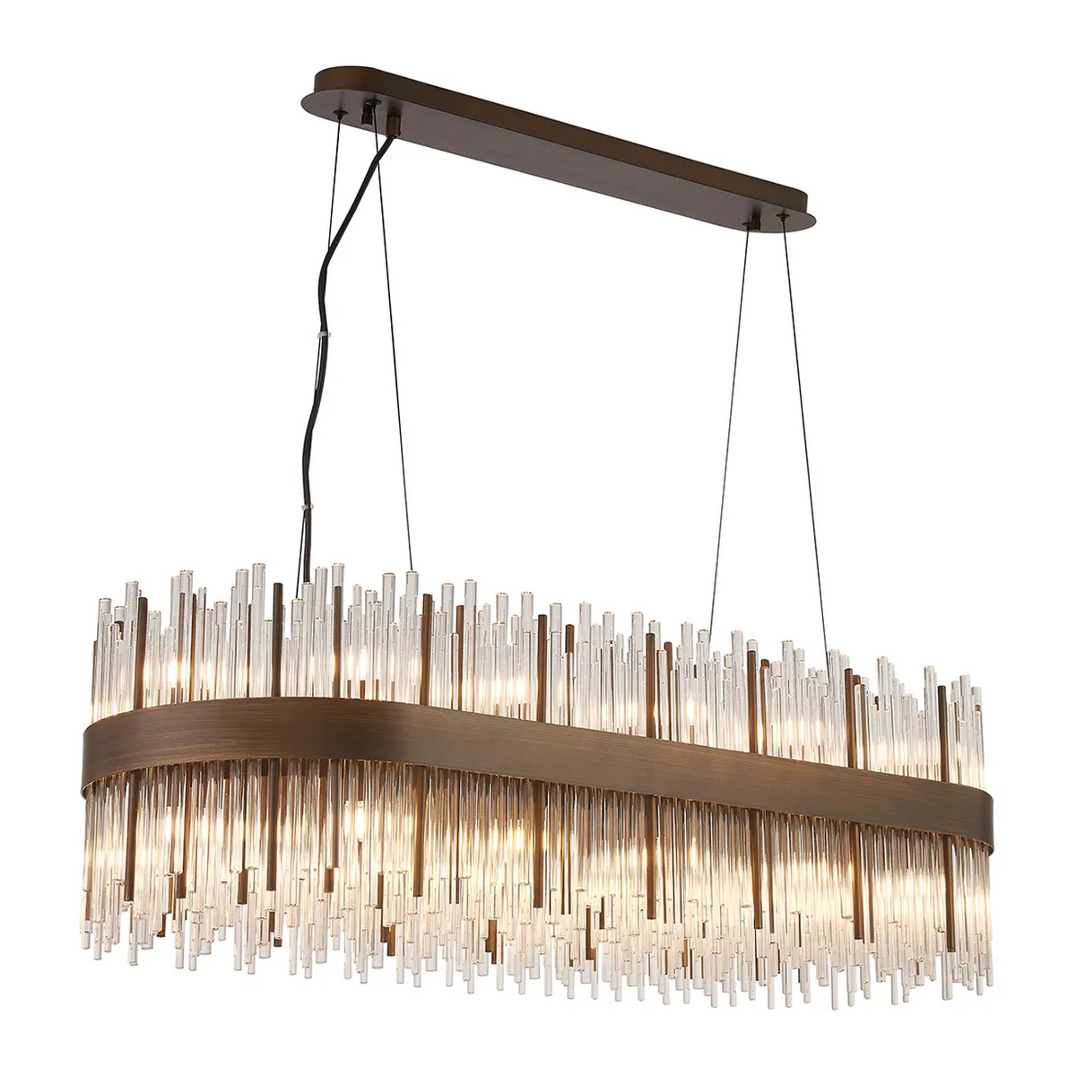 Rectangular chandelier with bronze frame and multiple clear glass rods