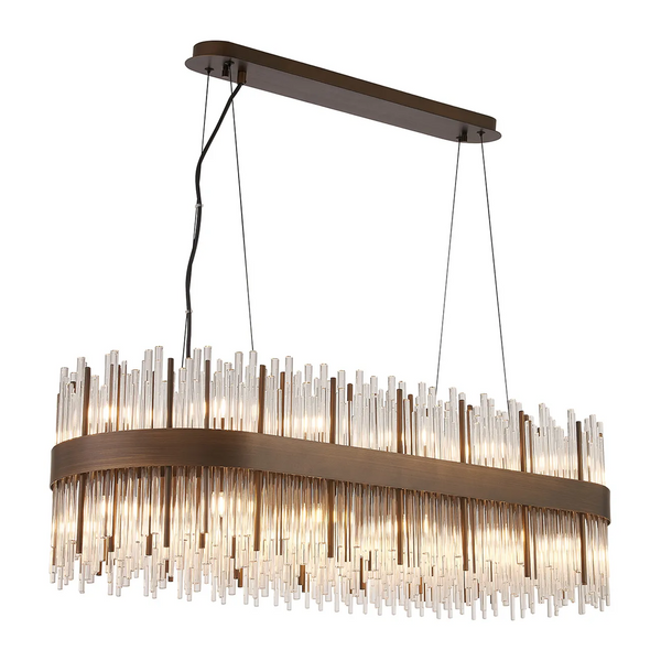 Rectangular chandelier with bronze frame and multiple clear glass rods