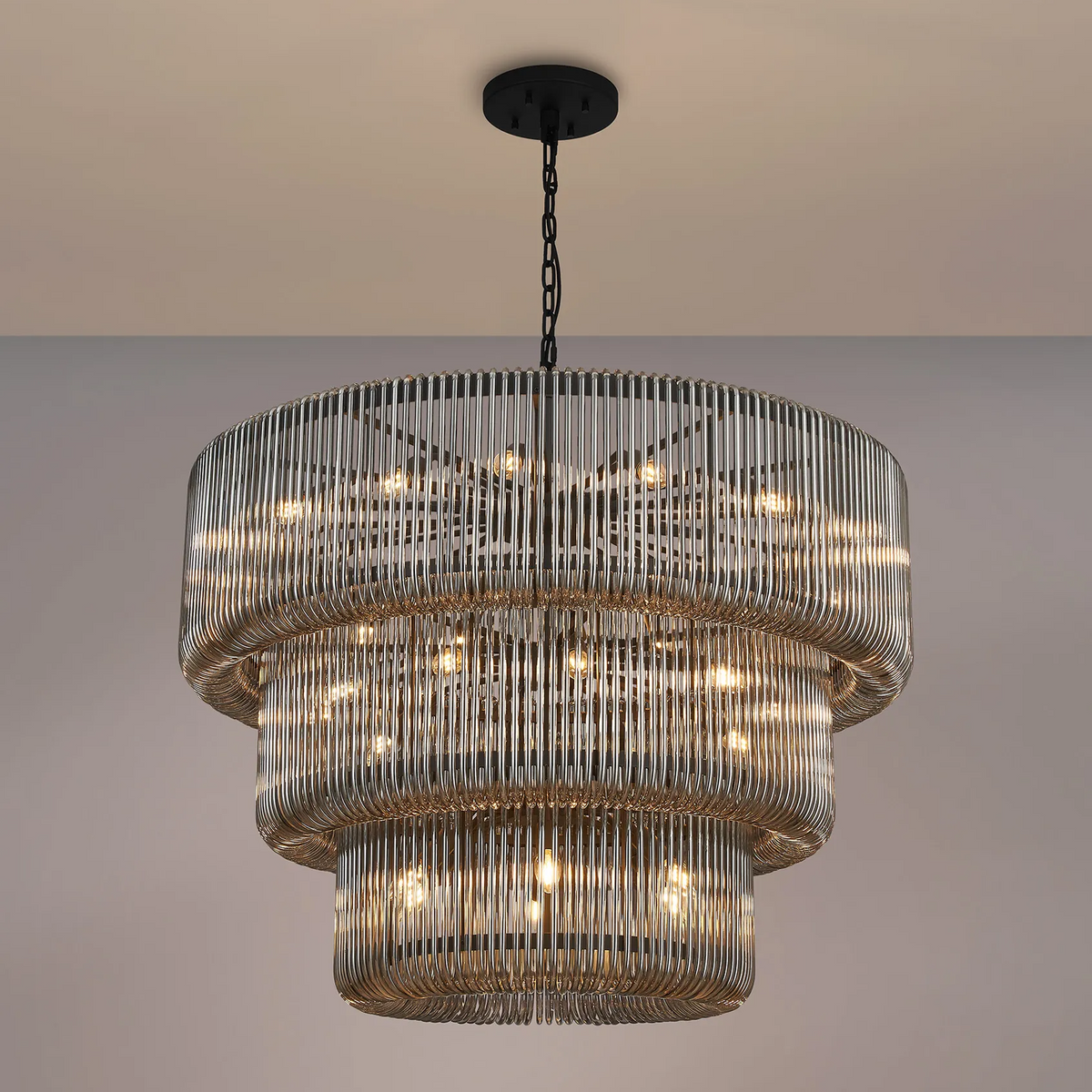 Jevington 1000mm Three Tier Pendant or Semi Flush in Black with Smoked Glass