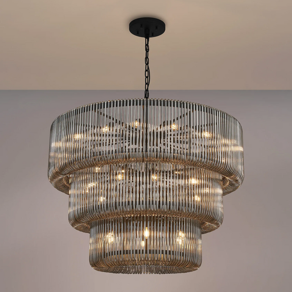 Jevington 1000mm Three Tier Pendant or Semi Flush in Black with Smoked Glass