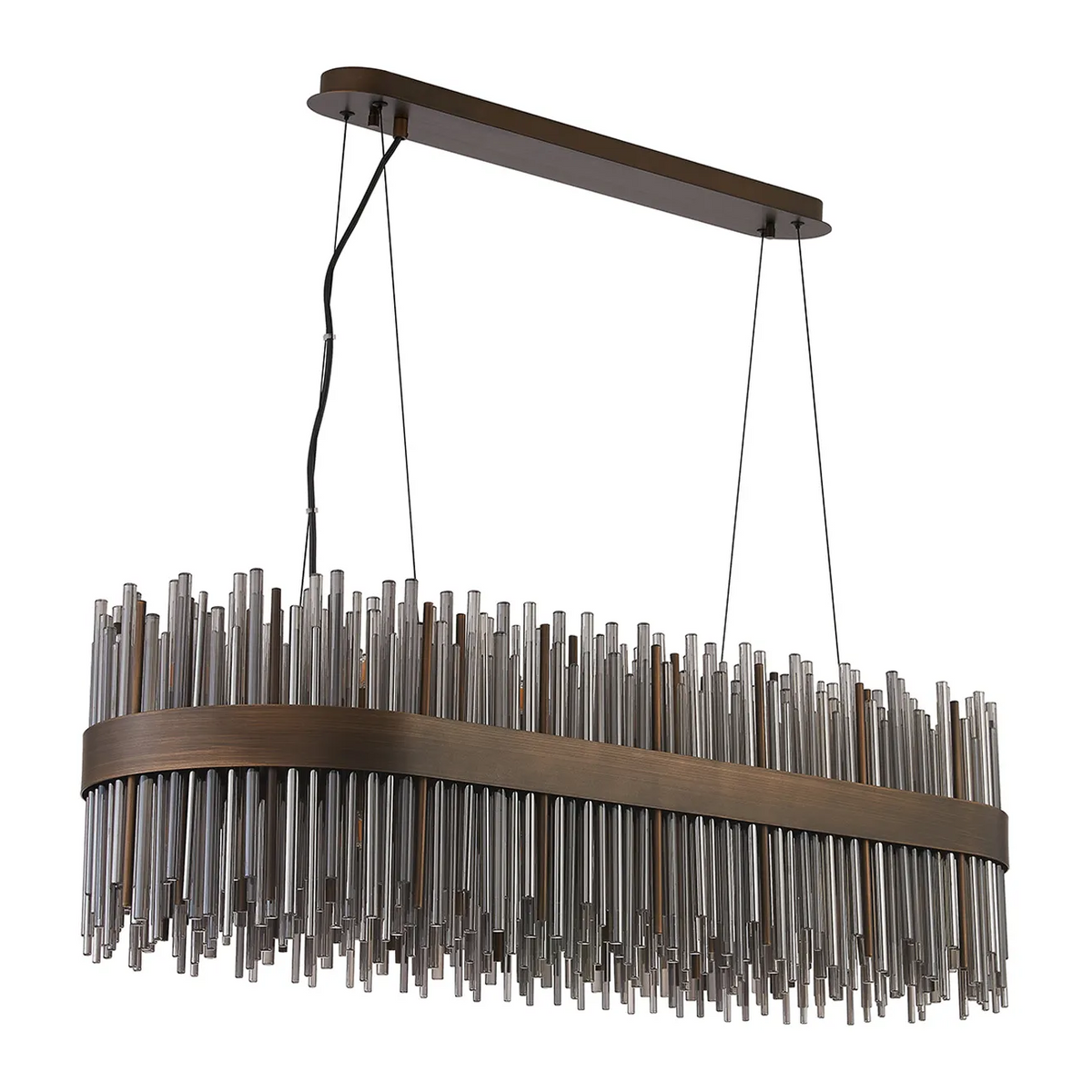 Rectangular chandelier with bronze frame and vertical glass rods