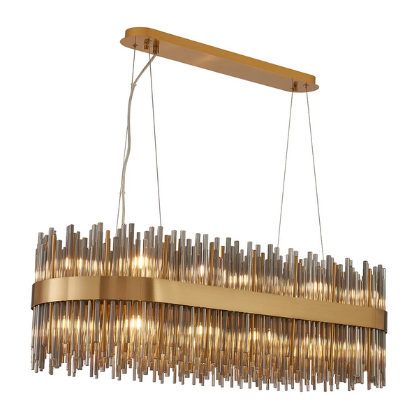 Rectangular chandelier with gold frame and clear glass rods