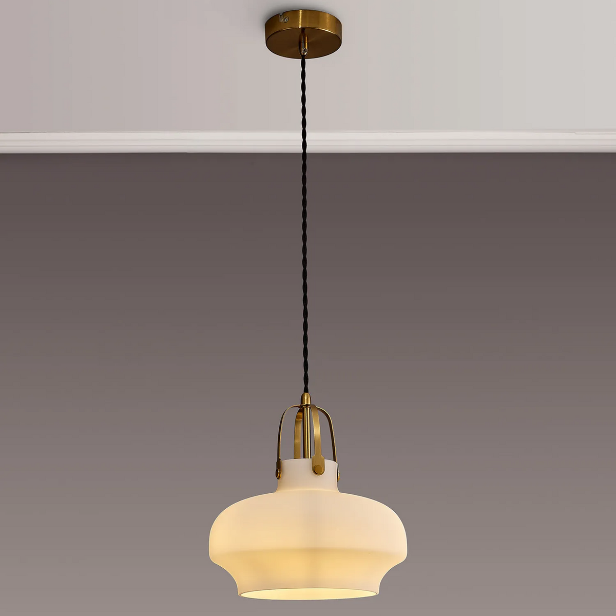 Bedlington Single Drop Pendant in Aged Brass with Opal Glass Shade