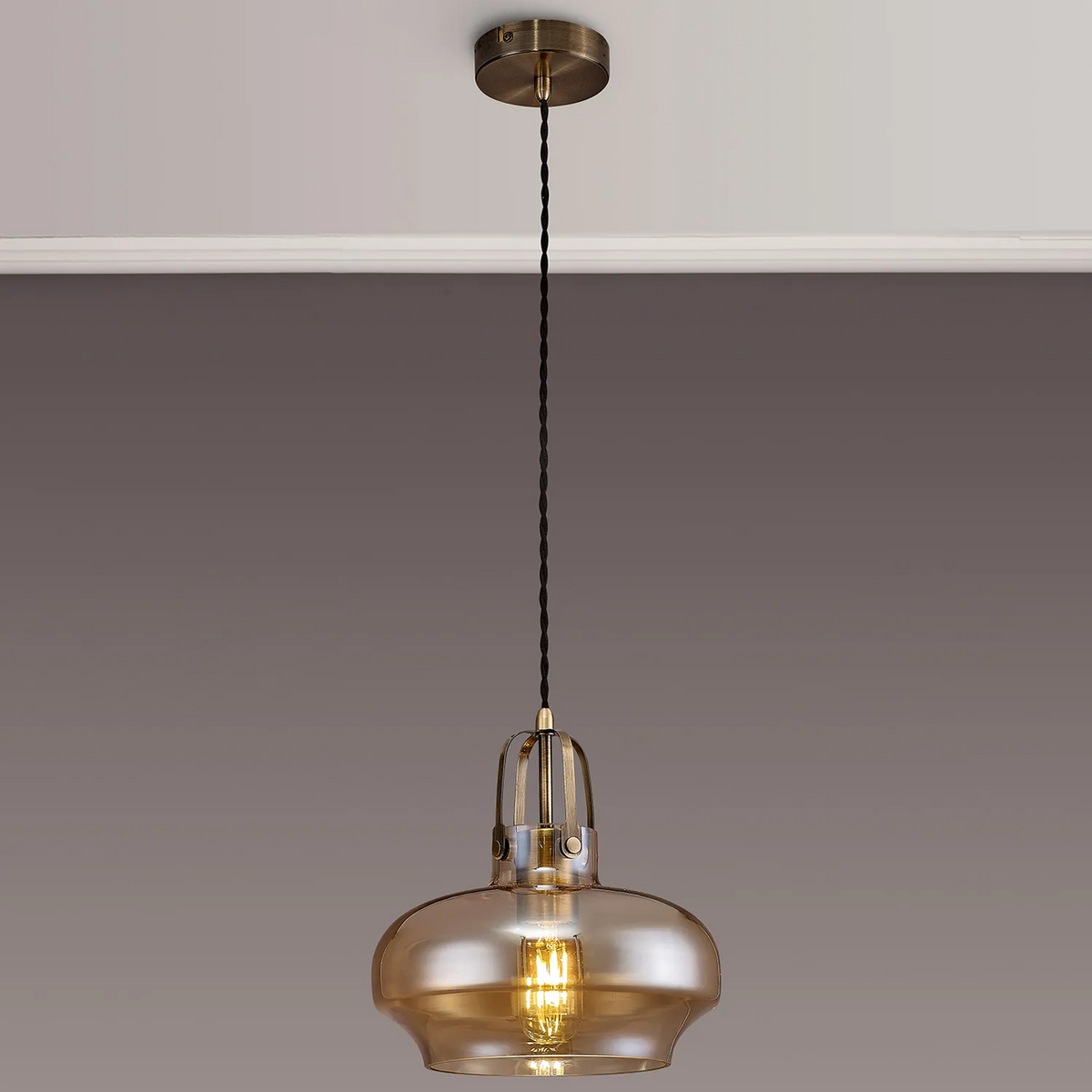 Bedlington Single Drop Pendant in Antique Brass with Amber Plated Glass Shade
