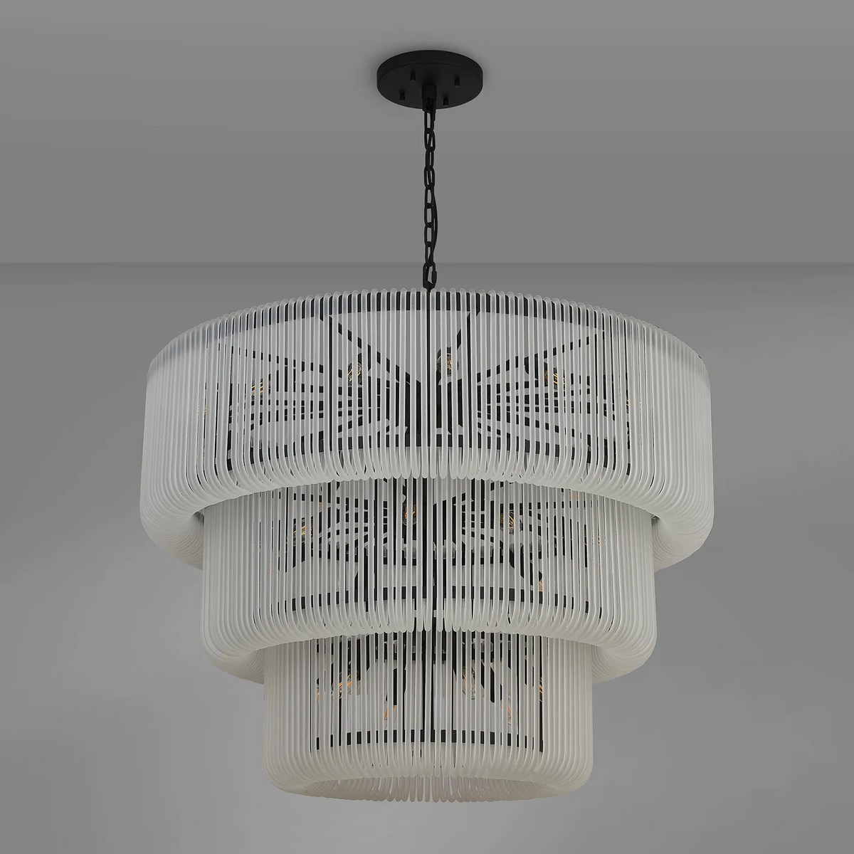 Jevington 1000mm Three Tier Pendant or Semi Flush in Black with Frosted Glass