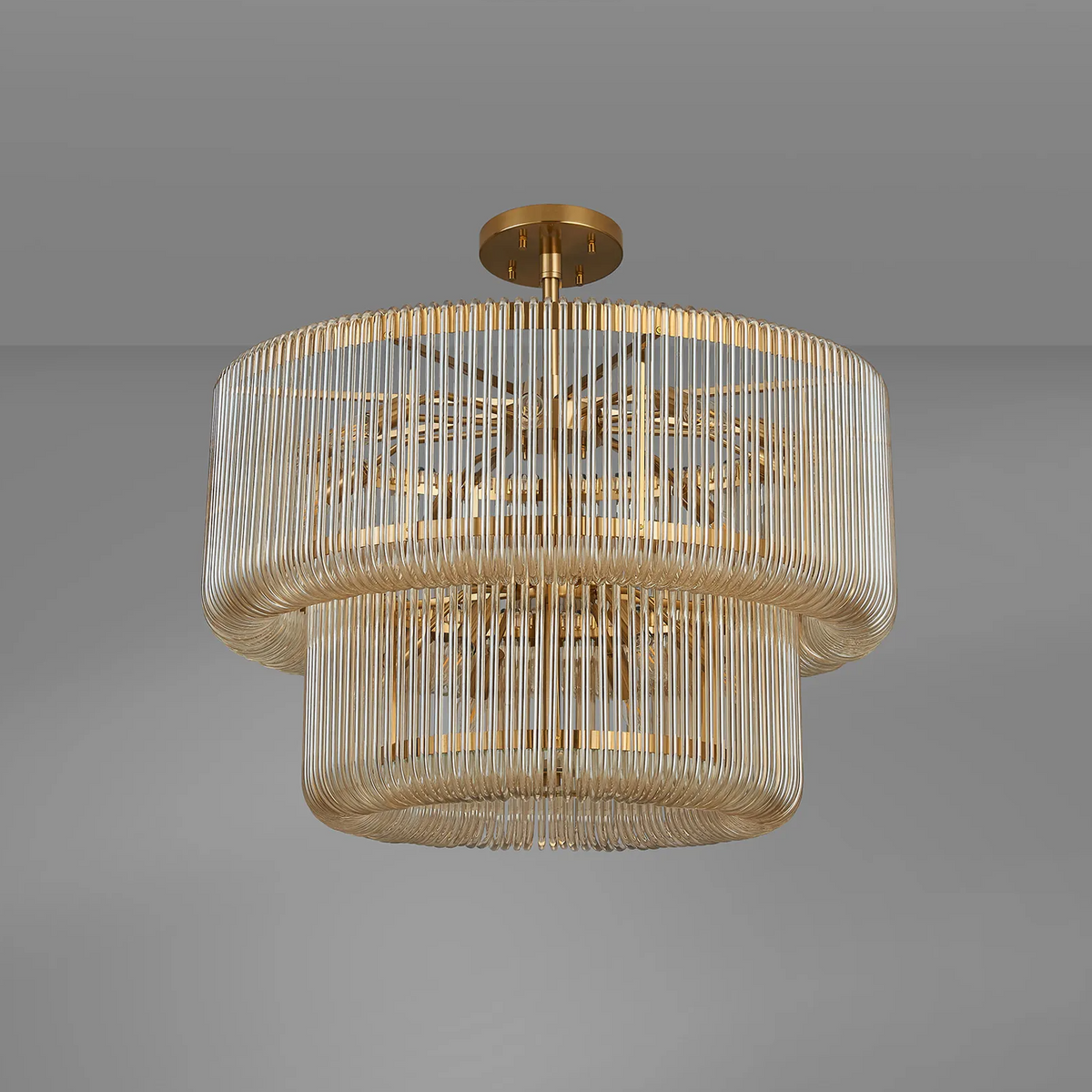 Jevington 780mm Two Tier Pendant or Semi Flush in Brass with Smoke Brown Glass
