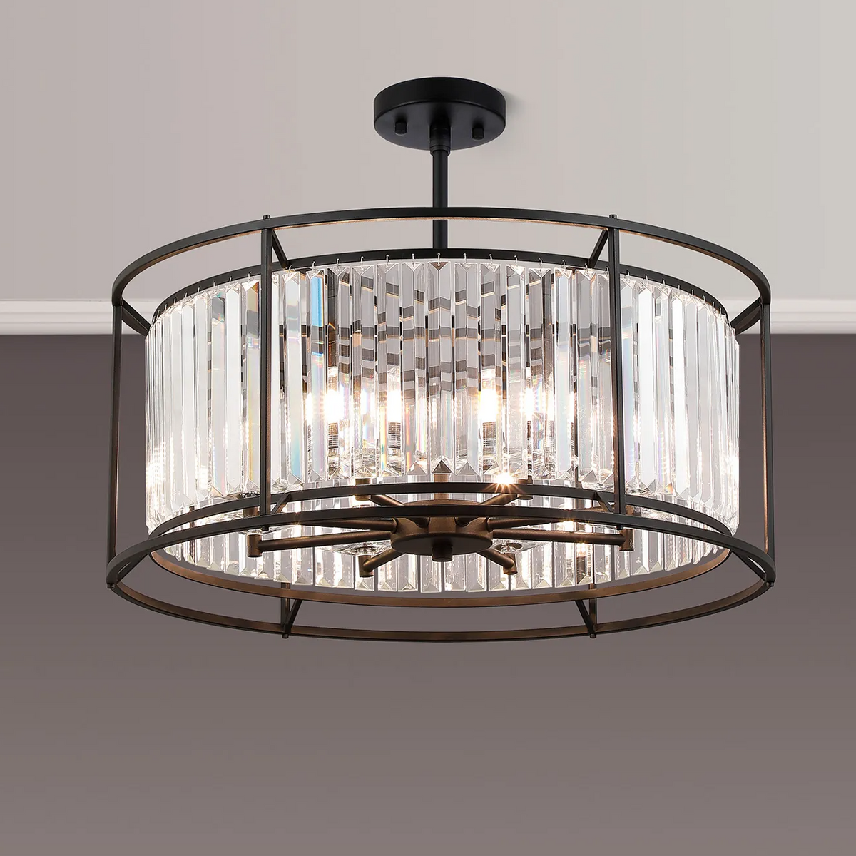 Round black metal chandelier with clear crystal rods and six exposed bulbs