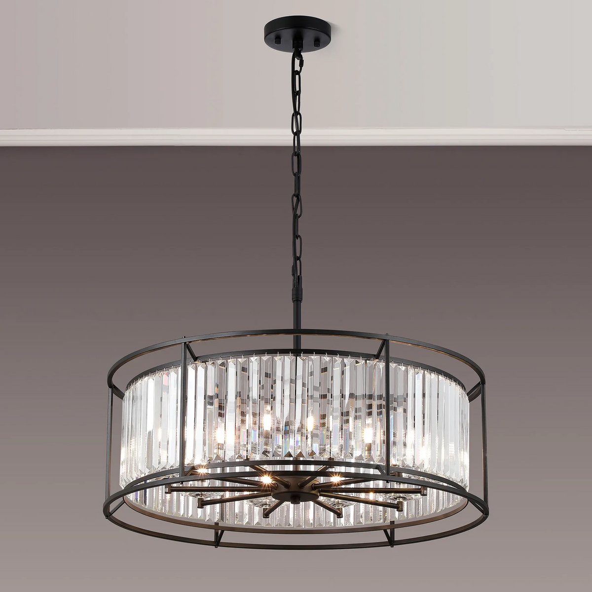Black metal chandelier with clear rectangular crystal accents