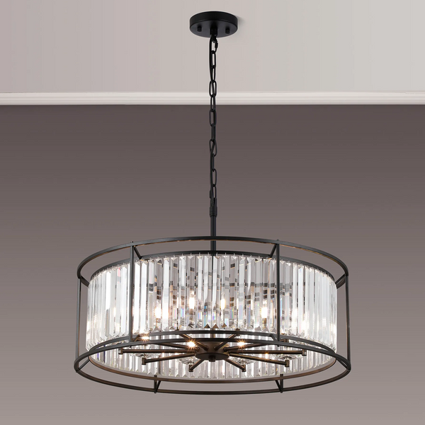 Black metal chandelier with clear rectangular crystal accents