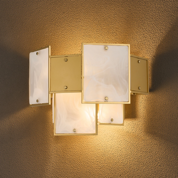 Gold wall sconce with rectangular frosted glass panels