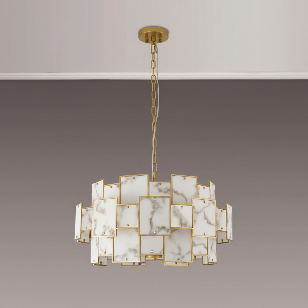 Gold chandelier with rectangular marble-patterned panels