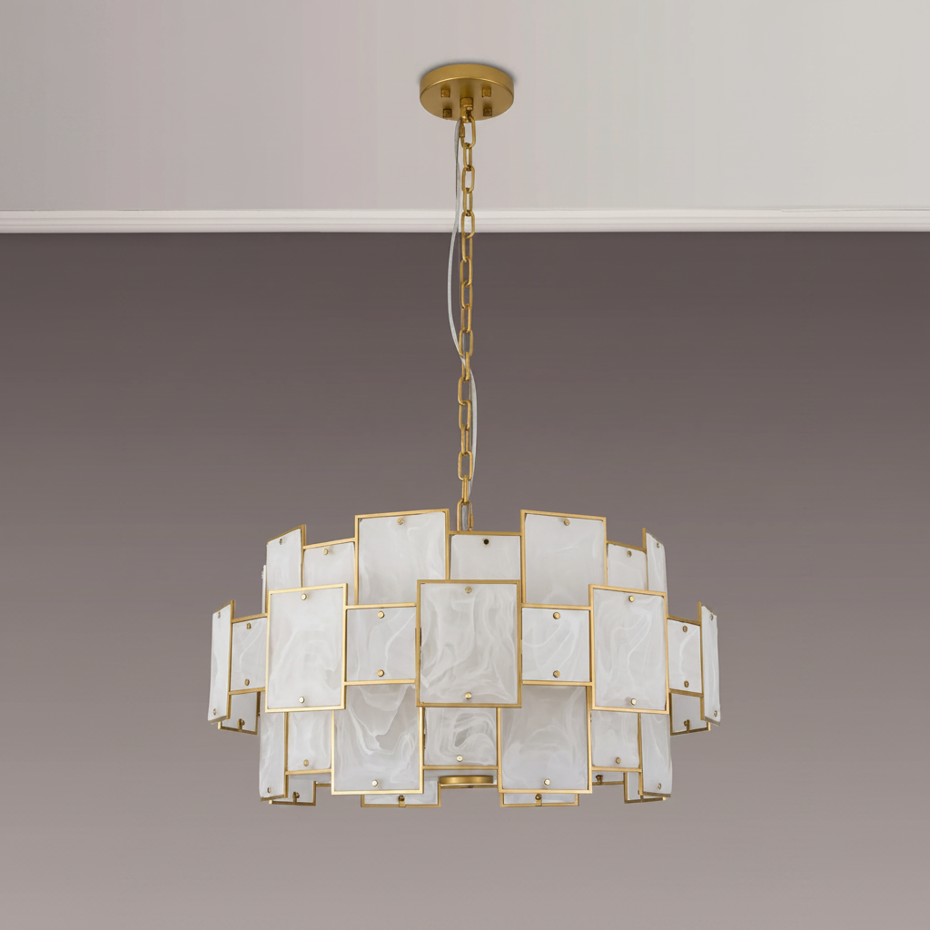 Gold chandelier with square white glass panels