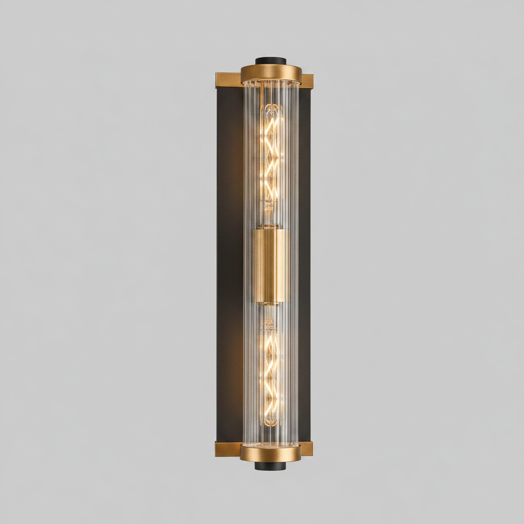 Beeley Large IP54 Wall Light in Black & Gold with Ribbed Glass Shade