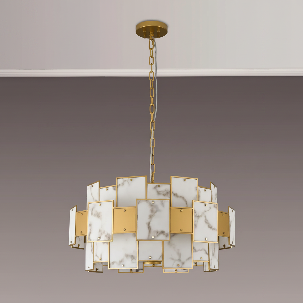 Gold and white marble chandelier with rectangular panels
