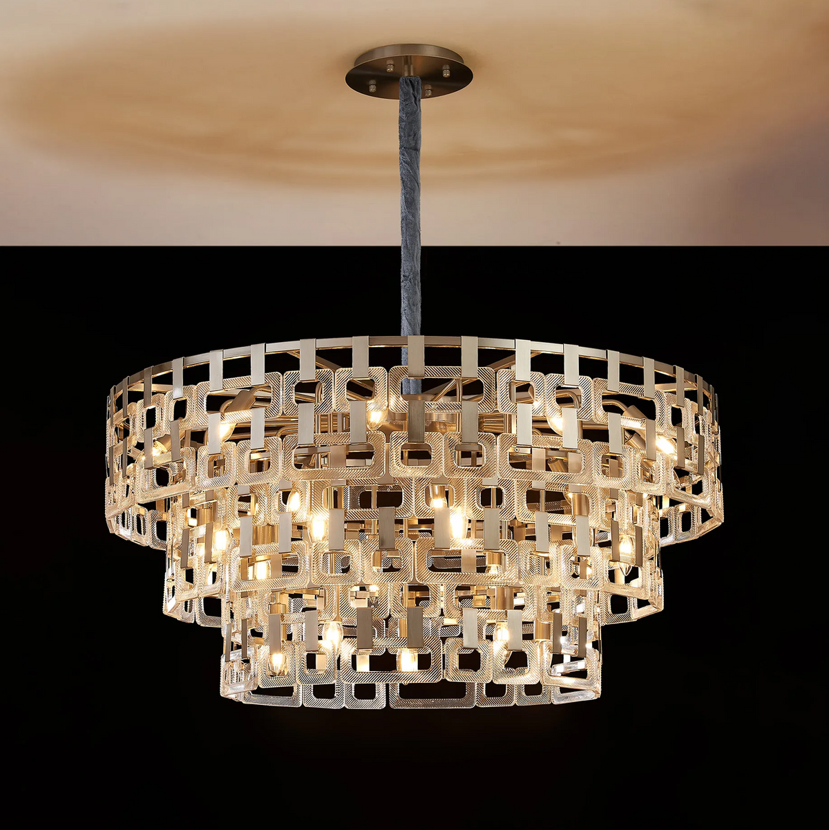 Heptonstall 1000mm Three Tier Round Pendant in Satin Nickel with Clear Glass