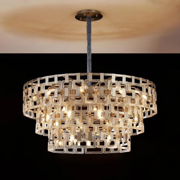 Heptonstall 1000mm Three Tier Round Pendant in Satin Nickel with Clear Glass