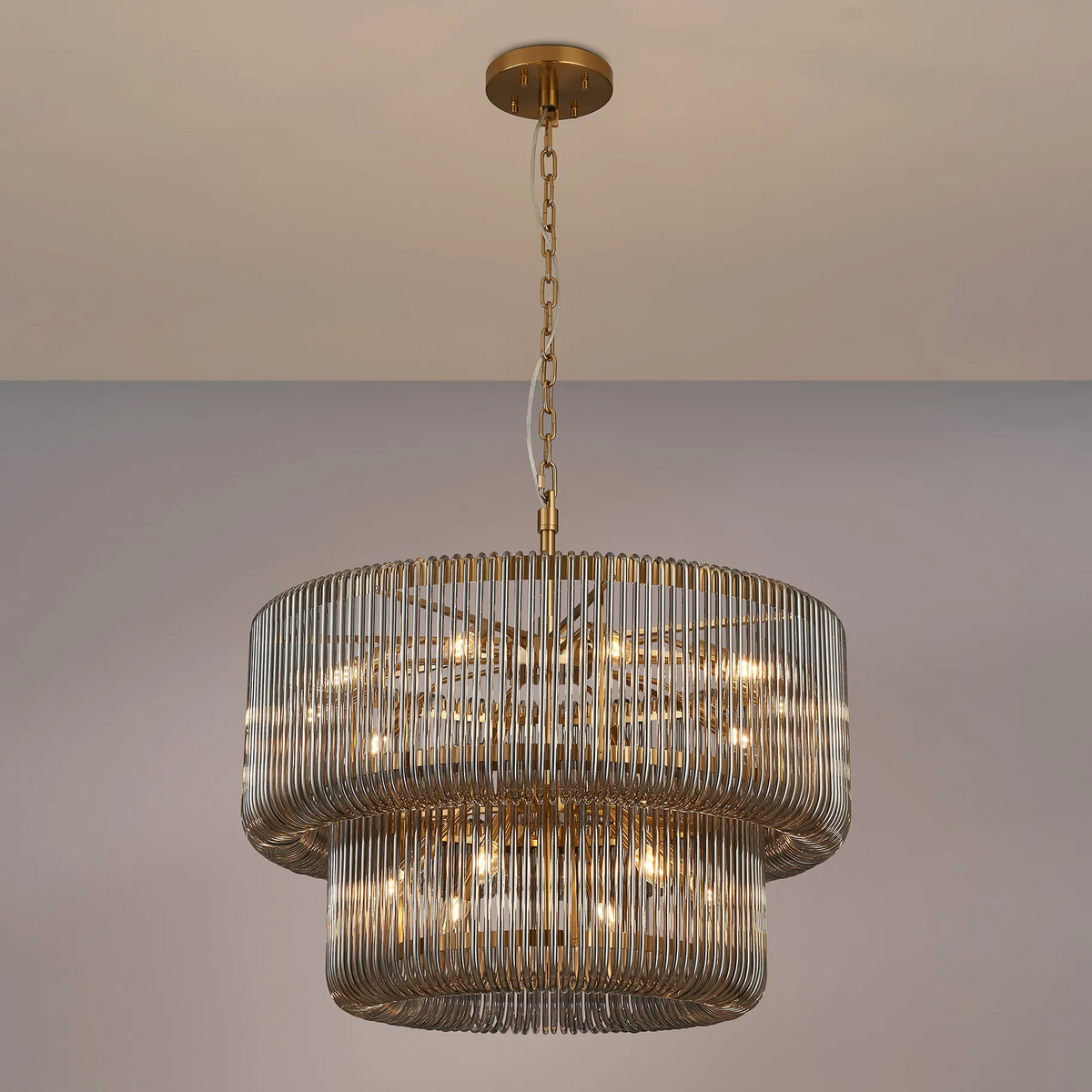 Jevington 780mm Two Tier Pendant or Semi Flush in Brass with Smoked Glass