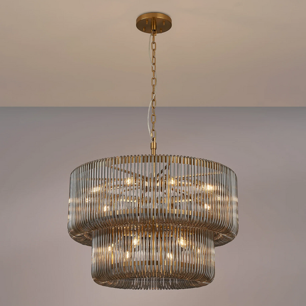 Jevington 780mm Two Tier Pendant or Semi Flush in Brass with Smoked Glass