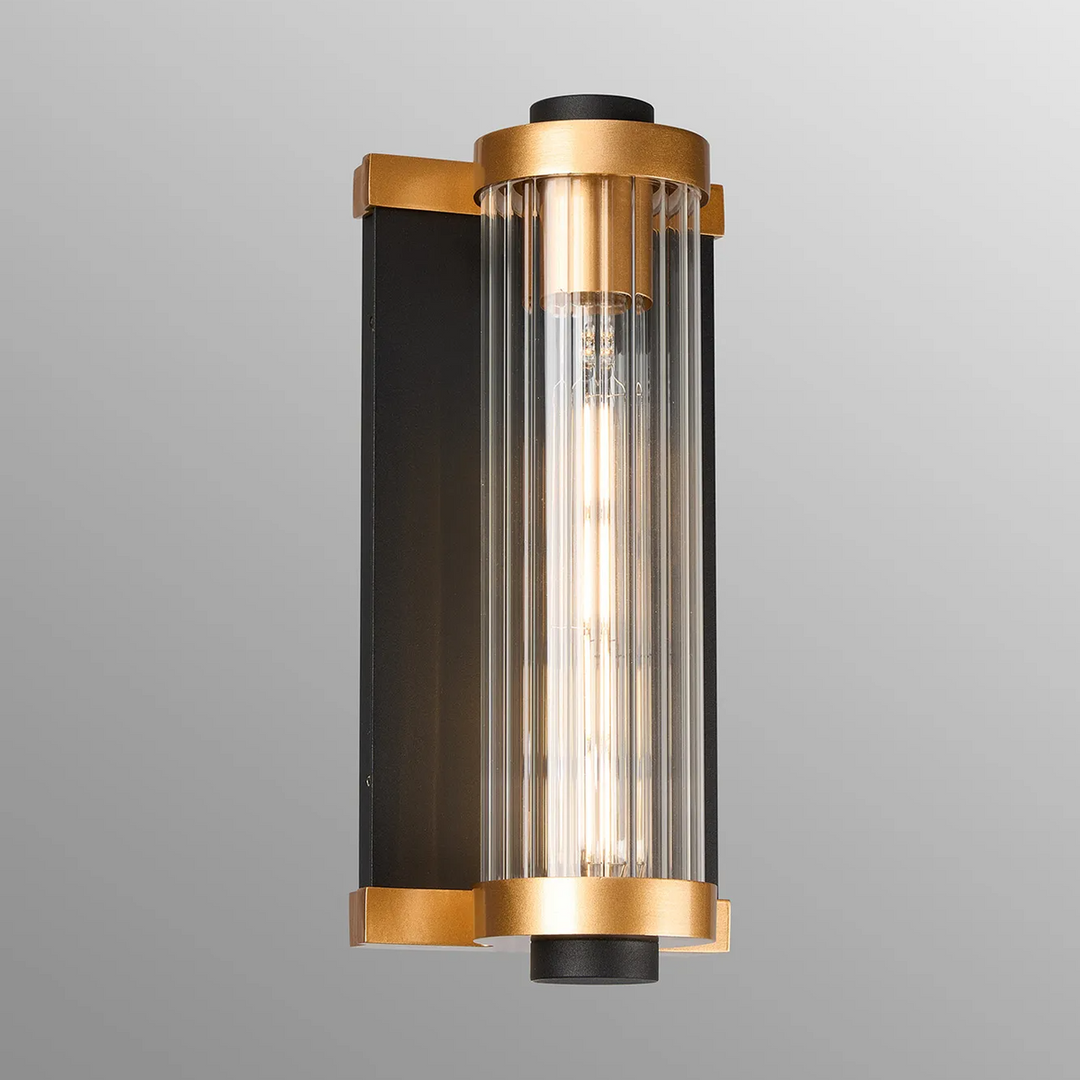 Beeley IP54 Wall Light in Black & Gold with Ribbed Glass Shade