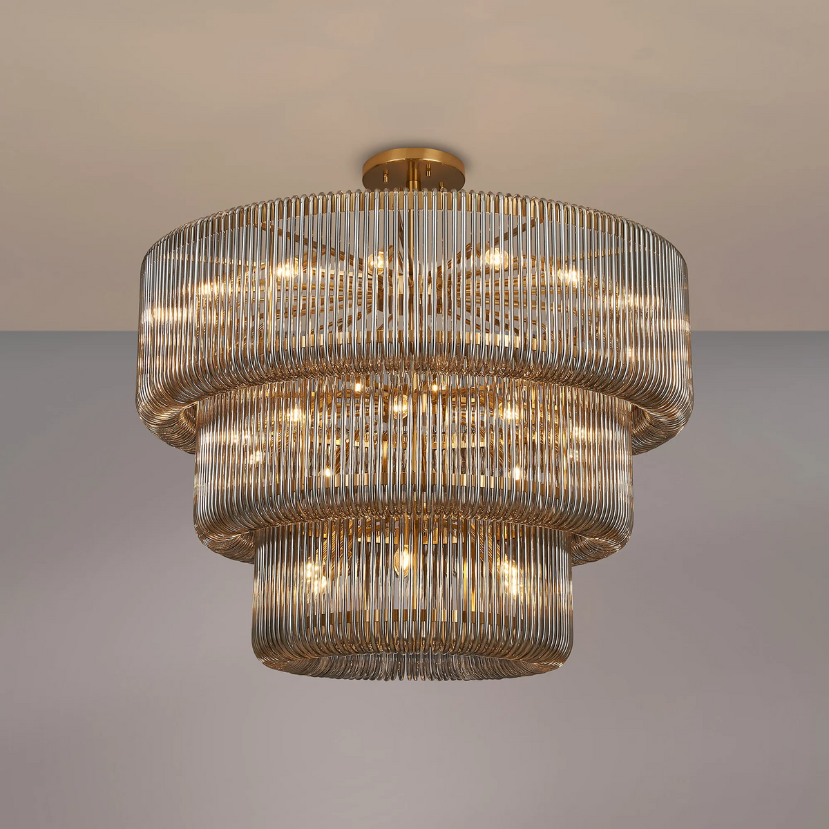 Jevington 1000mm Three Tier Pendant or Semi Flush in Brass with Smoked Glass