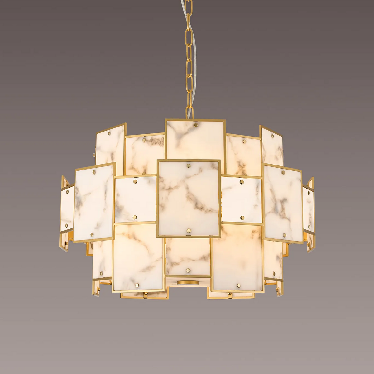 Gold chandelier with rectangular marble-patterned shades