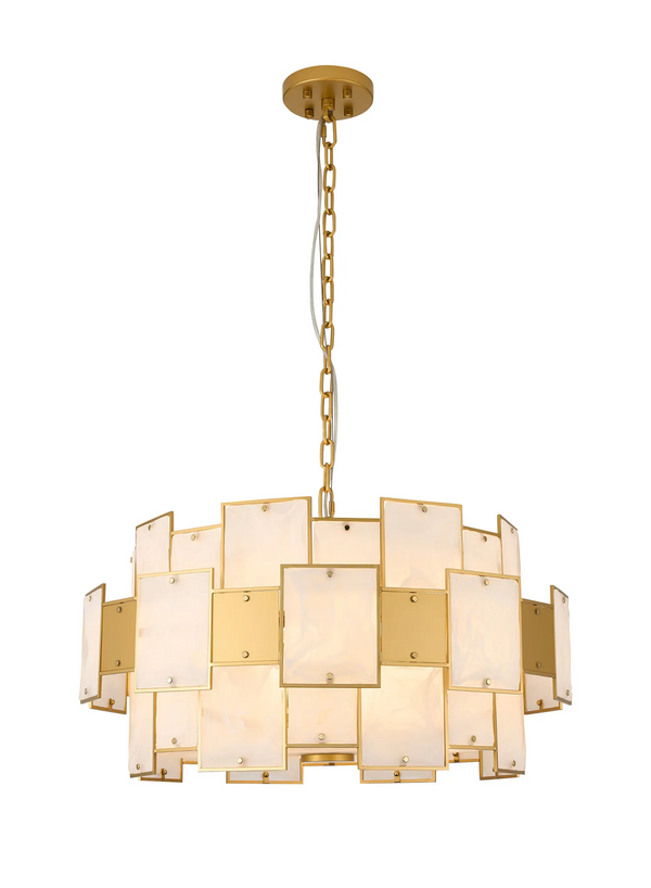 Gold chandelier with rectangular frosted glass panels