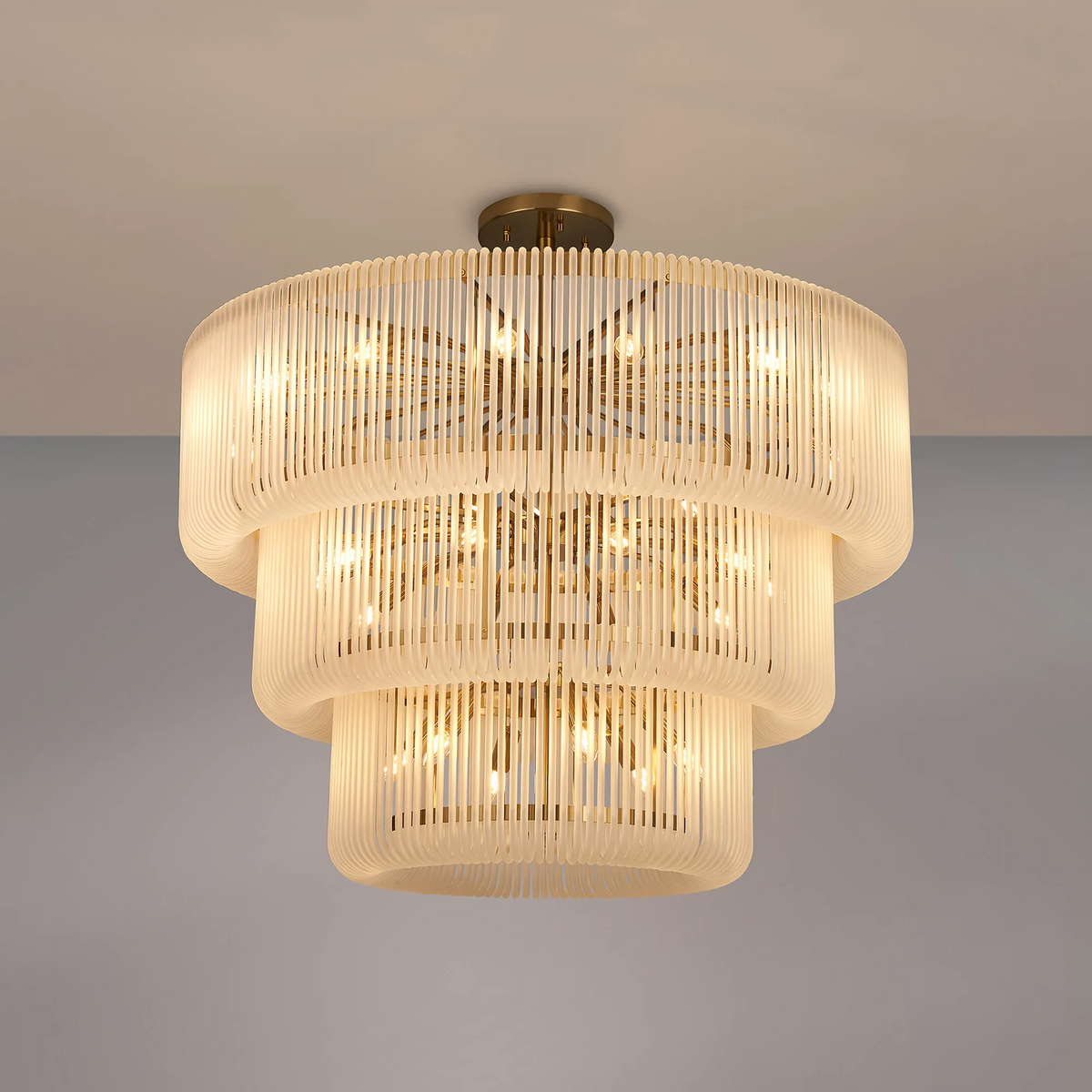 Jevington 1000mm Three Tier Pendant or Semi Flush in Brass with Frosted Glass