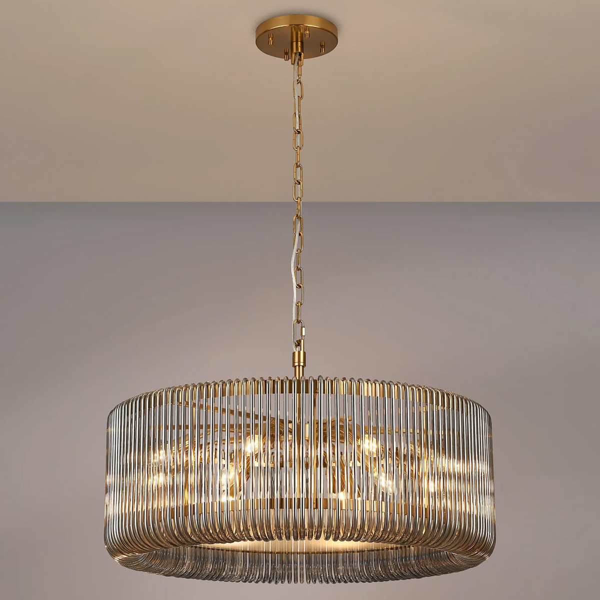 Jevington 780mm Pendant or Semi Flush in Brass with Smoked Glass