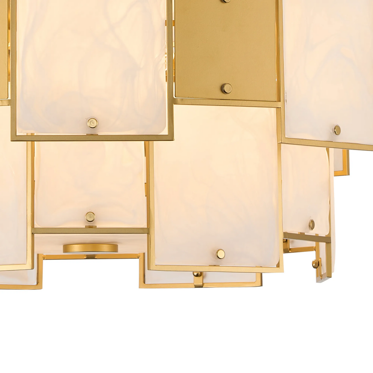 Close up of a gold chandelier with rectangular white glass panels
