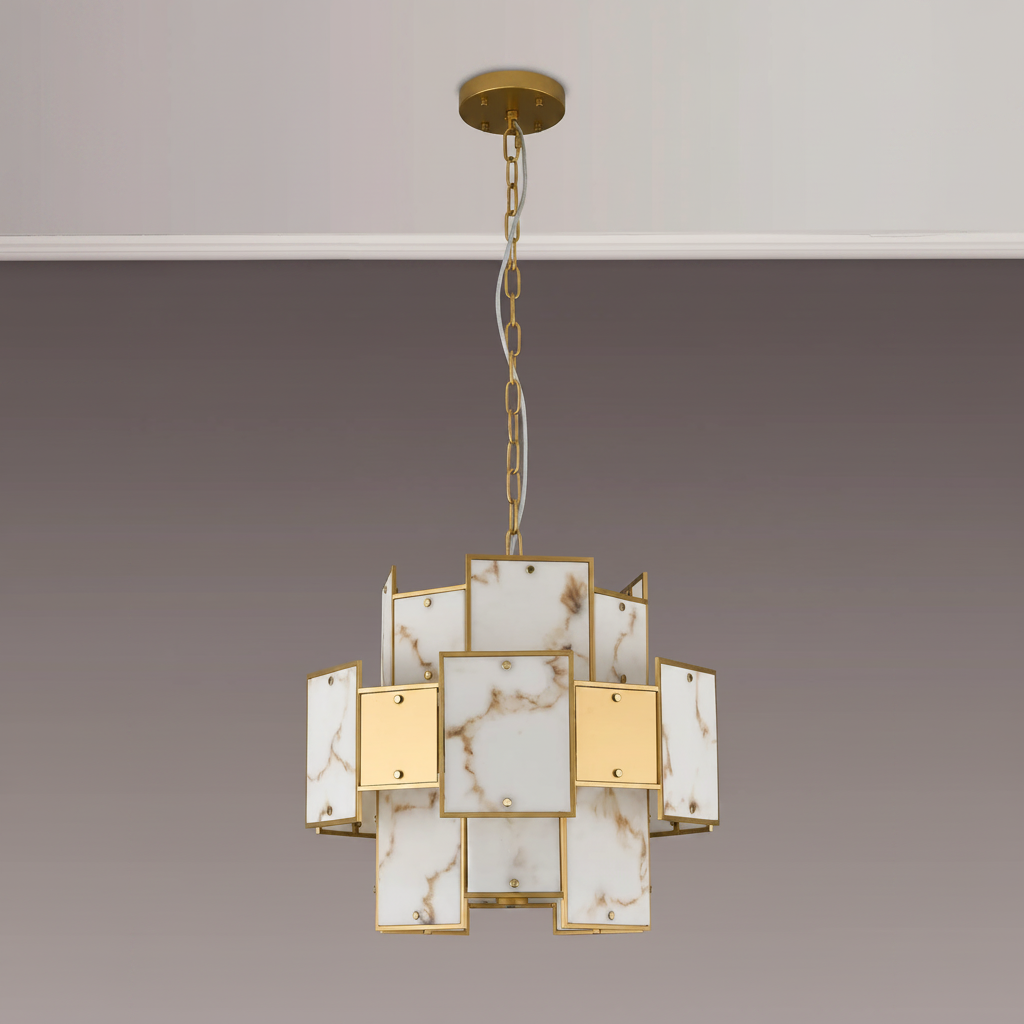 Gold chandelier with rectangular marble and gold panels