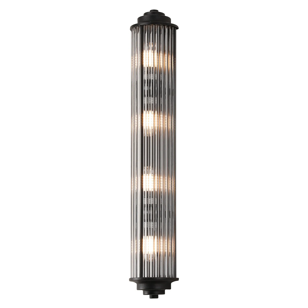 Black and clear fluted glass wall sconce with four exposed bulbs