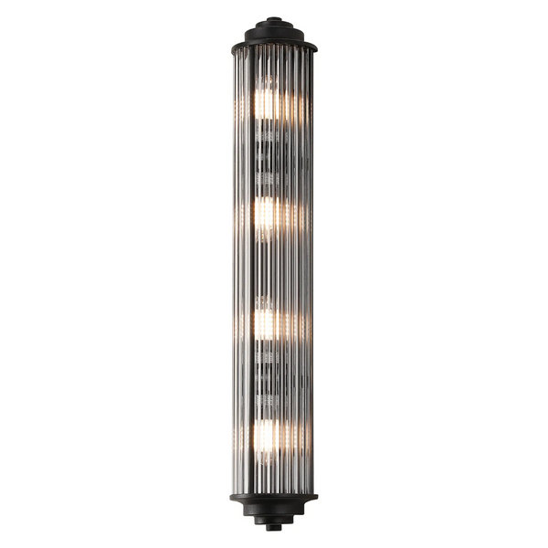 Black and clear fluted glass wall sconce with four exposed bulbs