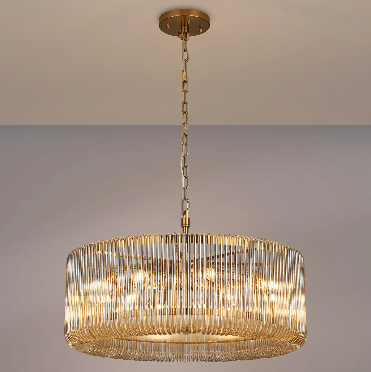 Jevington 780mm Pendant or Semi Flush in Brass with Smoke Brown Glass