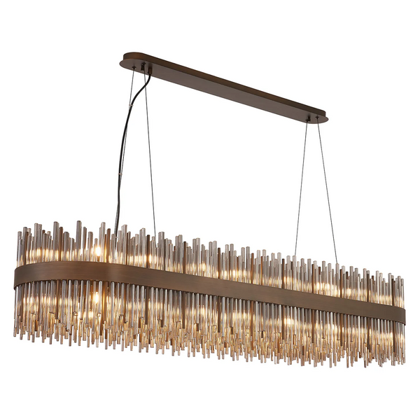 Rectangular chandelier with bronze frame and multiple clear glass rods