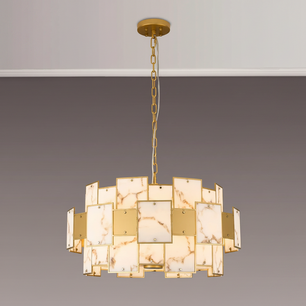 Gold chandelier with rectangular marble and gold panels