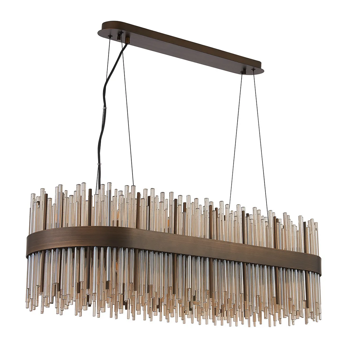 Rectangular chandelier with bronze frame and amber glass rods