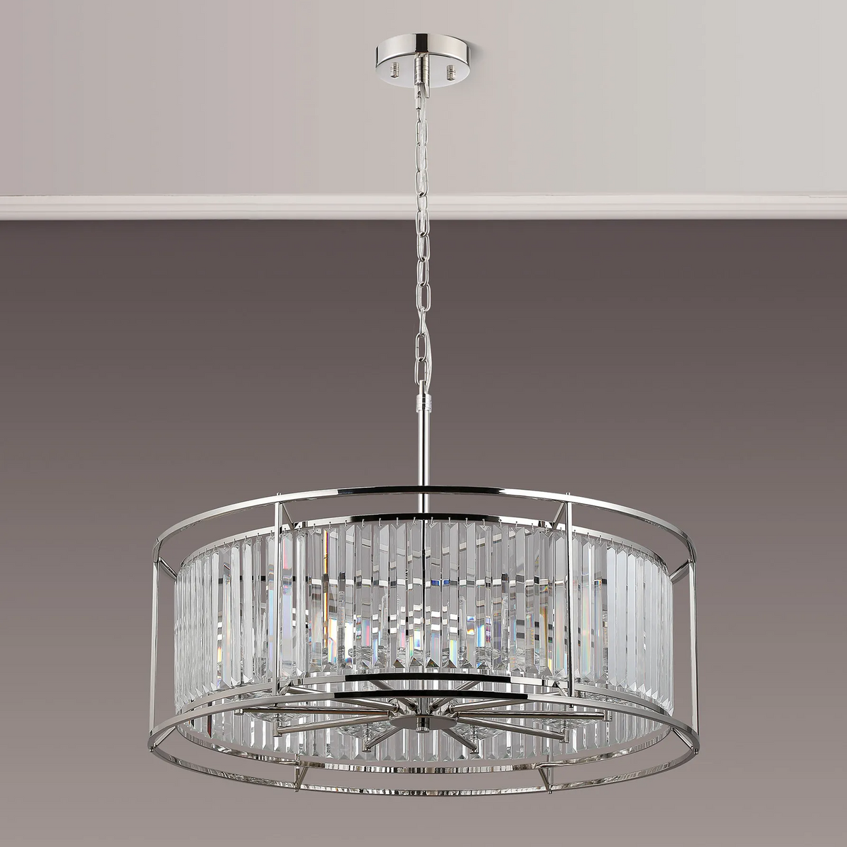 Round chandelier with a chrome frame and clear rectangular crystal accents