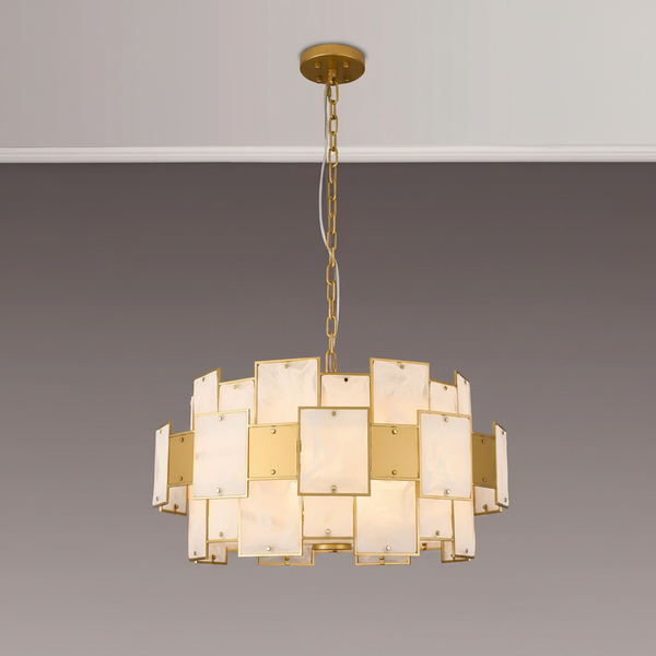 Gold chandelier with rectangular white and gold panels