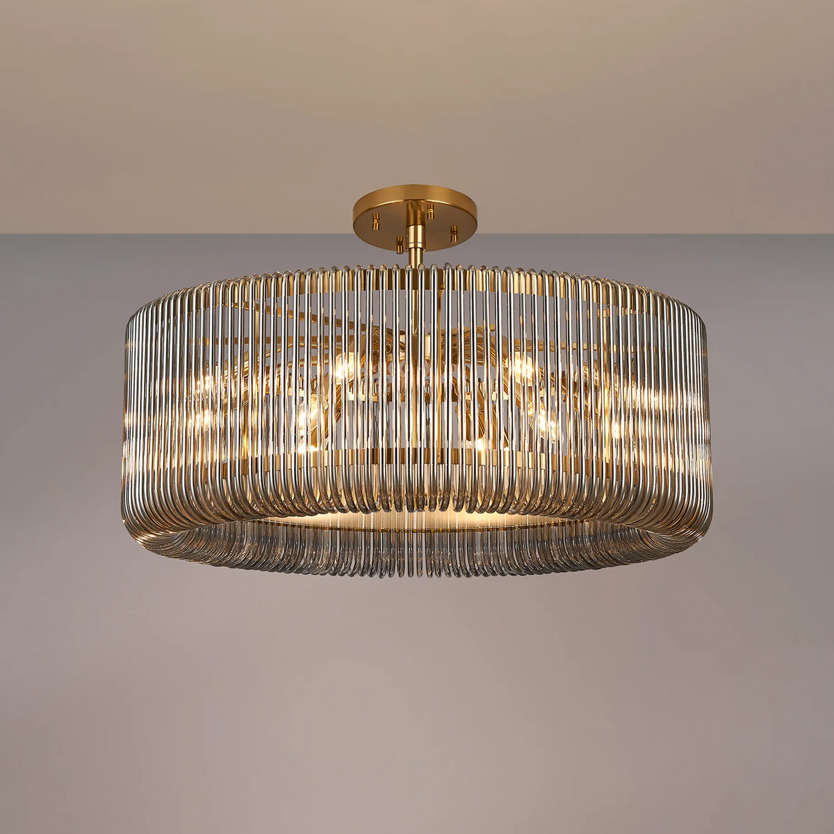 Jevington 780mm Pendant or Semi Flush in Brass with Smoked Glass