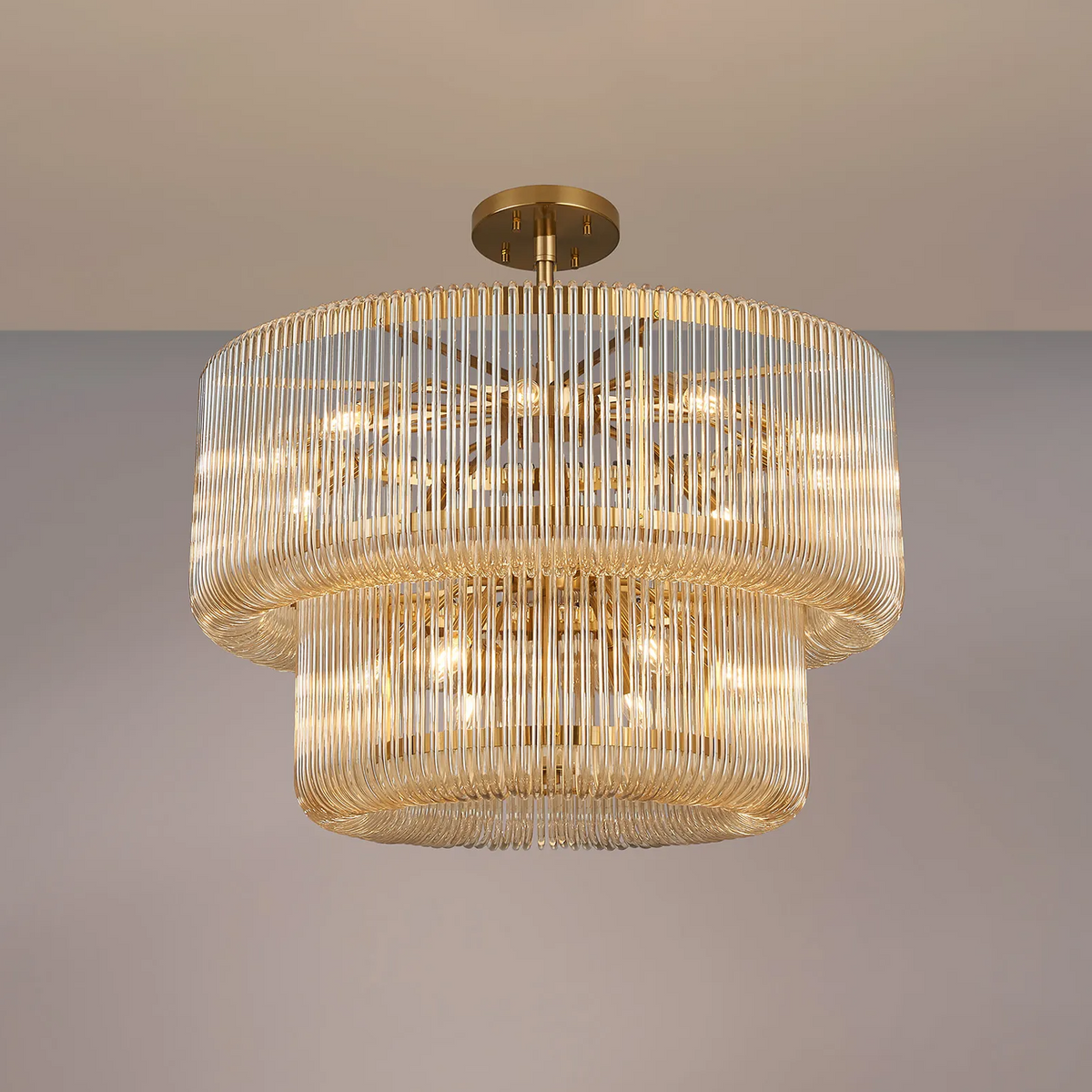 Jevington 780mm Two Tier Pendant or Semi Flush in Brass with Smoke Brown Glass
