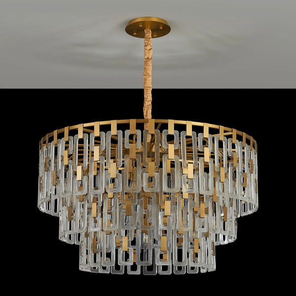 Heptonstall 1000mm Three Tier Round Pendant in Matt Gold with Clear Glass