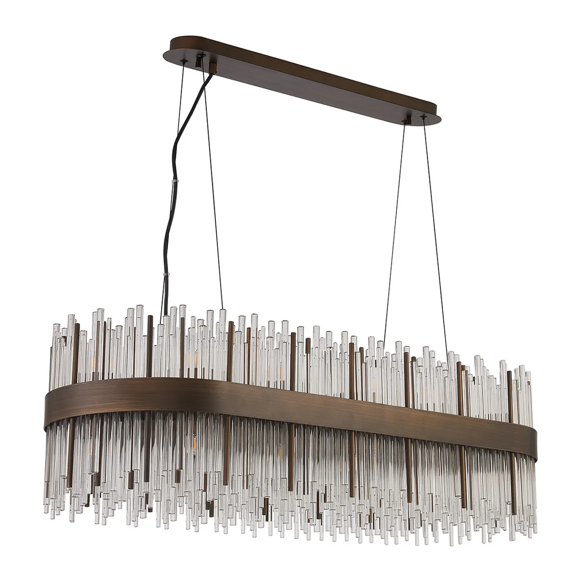 Rectangular chandelier with bronze frame and clear glass rods