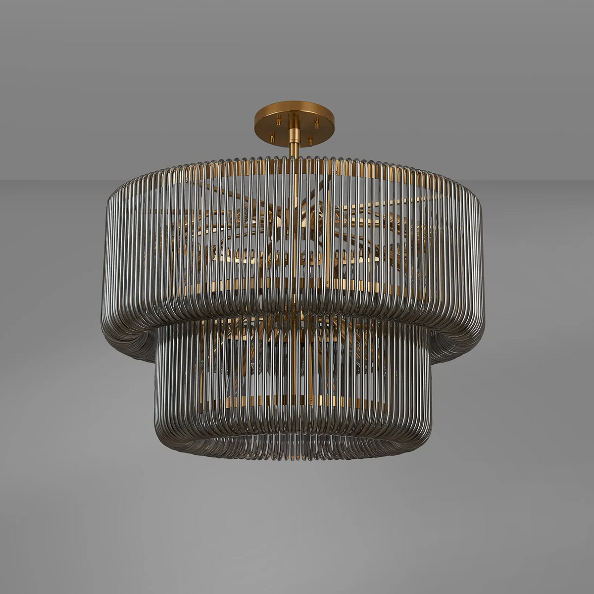 Jevington 780mm Two Tier Pendant or Semi Flush in Brass with Smoked Glass