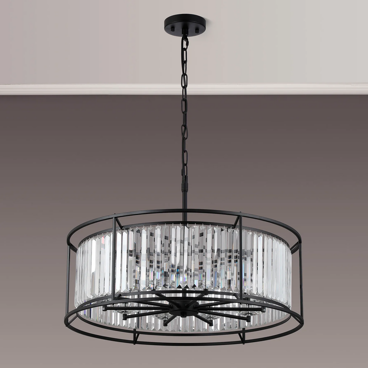 Black metal chandelier with clear rectangular crystal accents